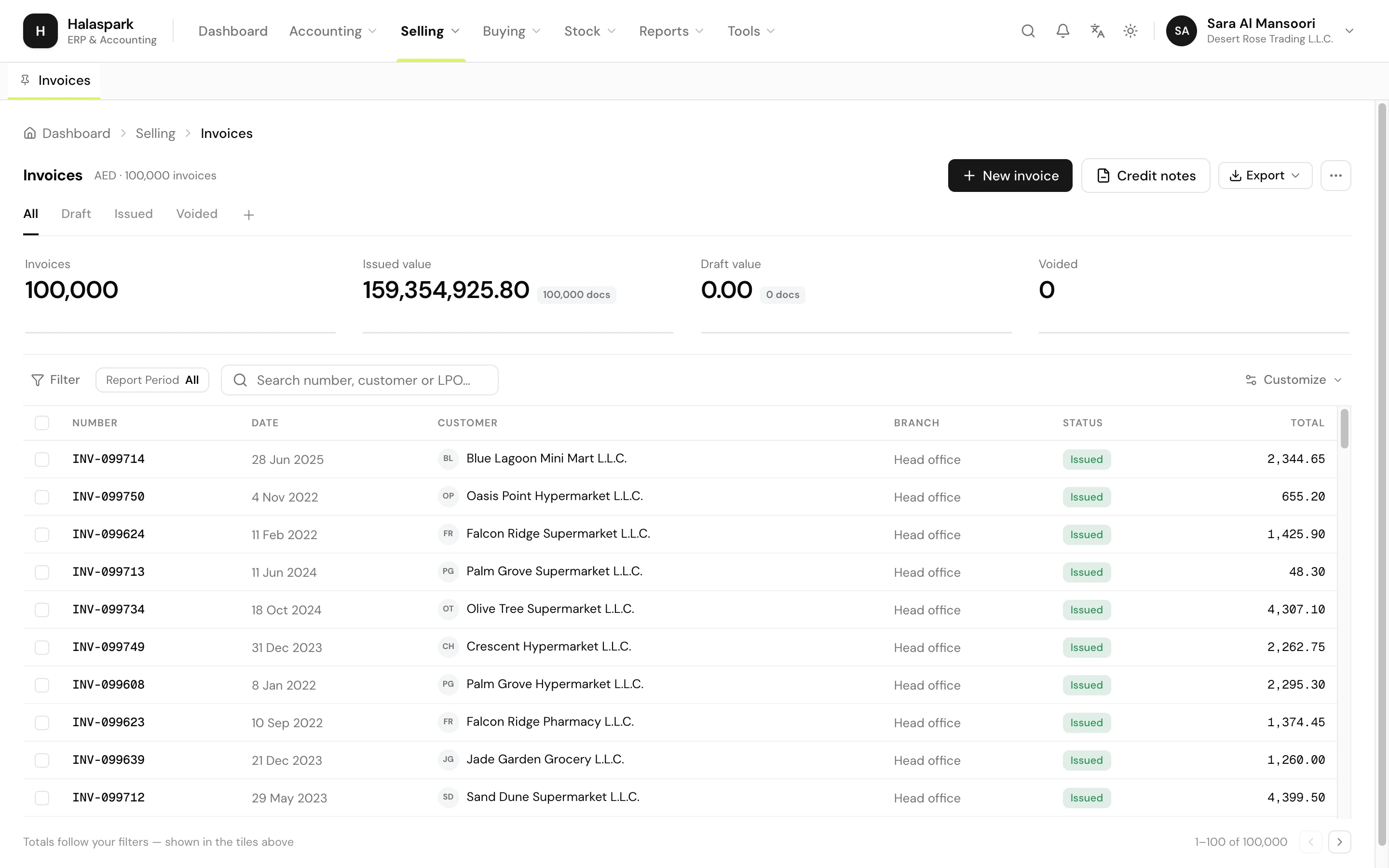 Halaspark invoices screen with 100,000 issued invoices